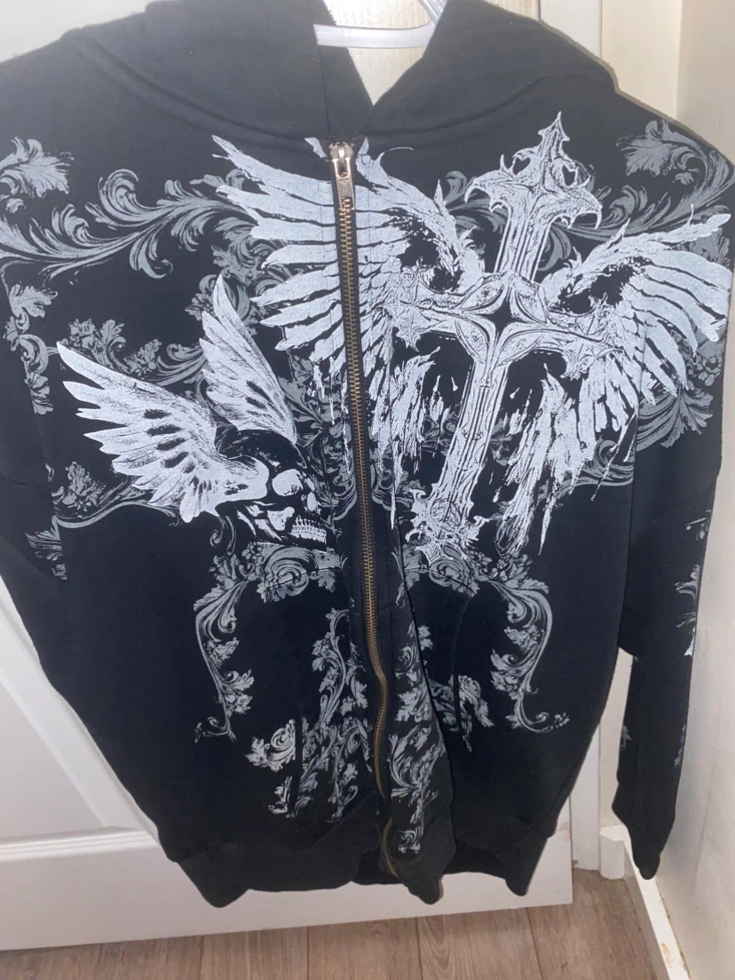 Black Zip-Up Hoodie with Winged Cross Graphic