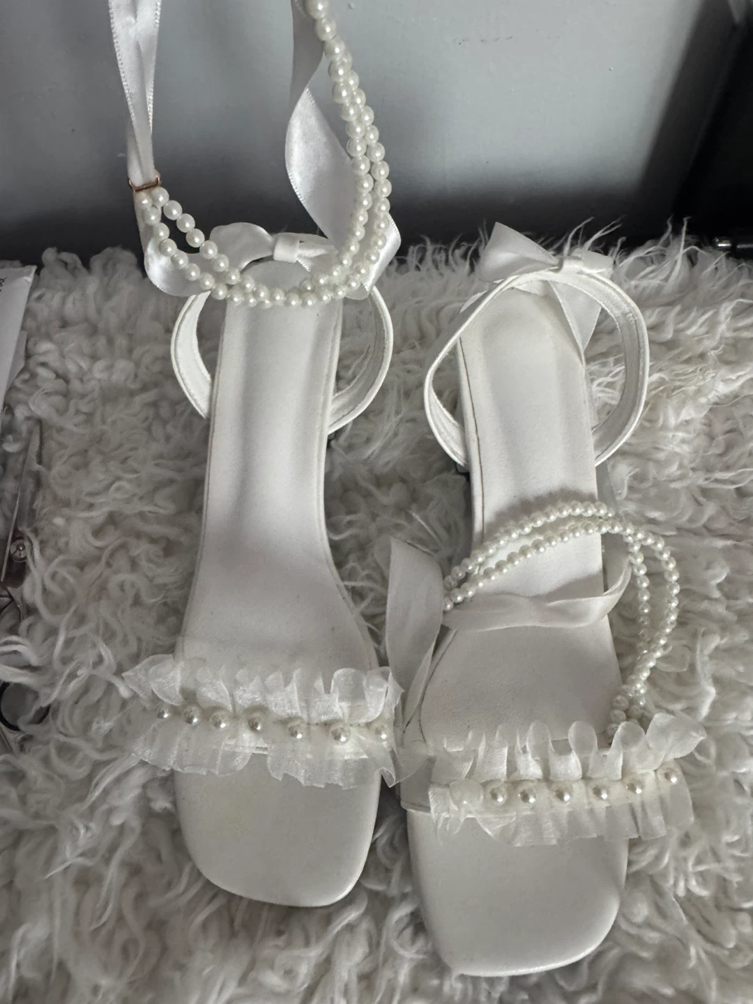 White Pearl Bow Heels with Ruffle Detail