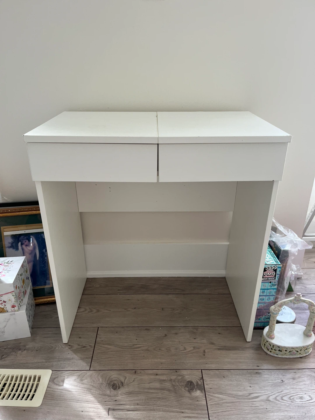White Vanity Desk with Mirror and Red Interior