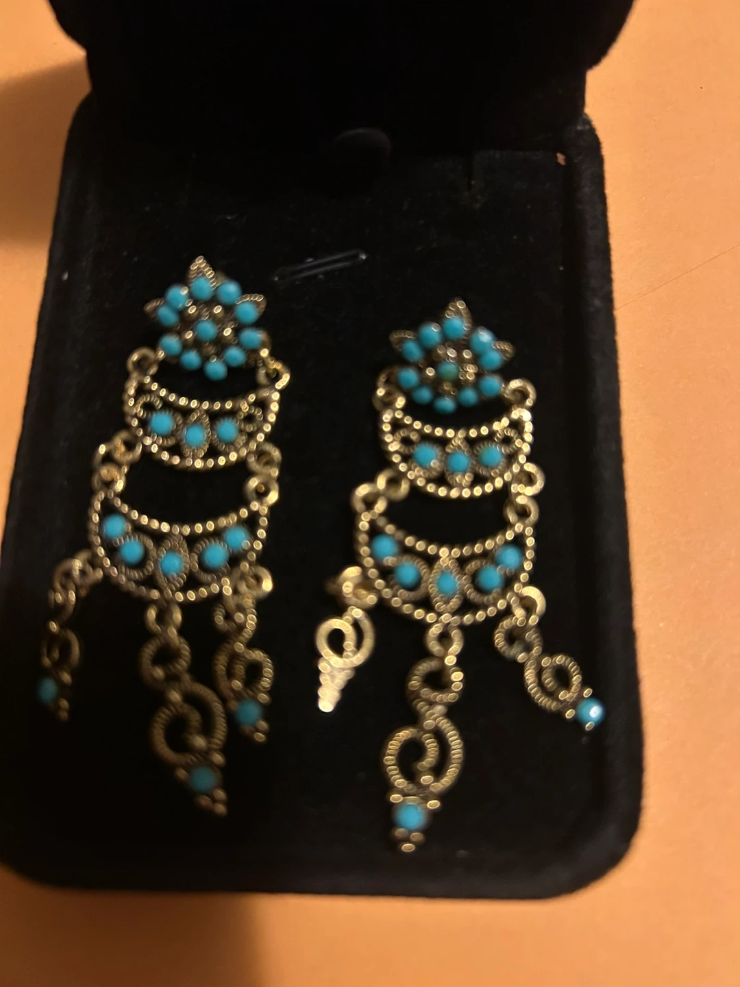 Gold Tone Chandelier Earrings with Turquoise Beads