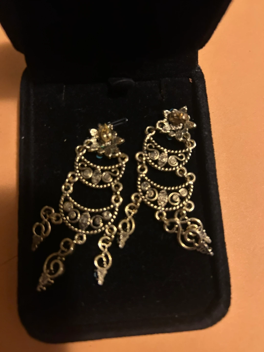 Gold Tone Chandelier Earrings with Turquoise Beads - photo 2