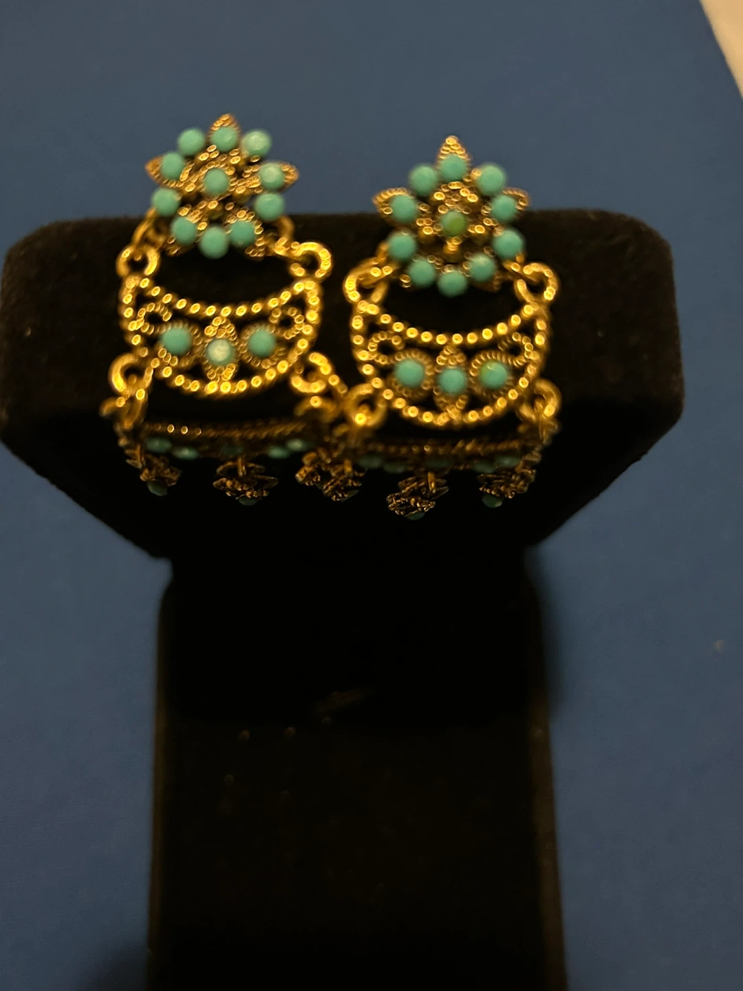 Gold Tone Chandelier Earrings with Turquoise Beads - photo 3