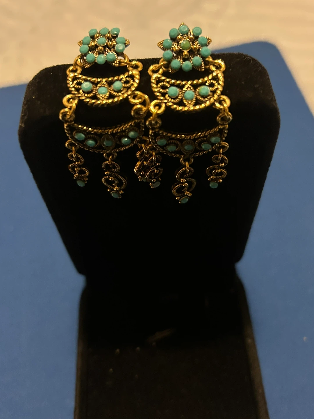 Gold Tone Chandelier Earrings with Turquoise Beads - photo 4