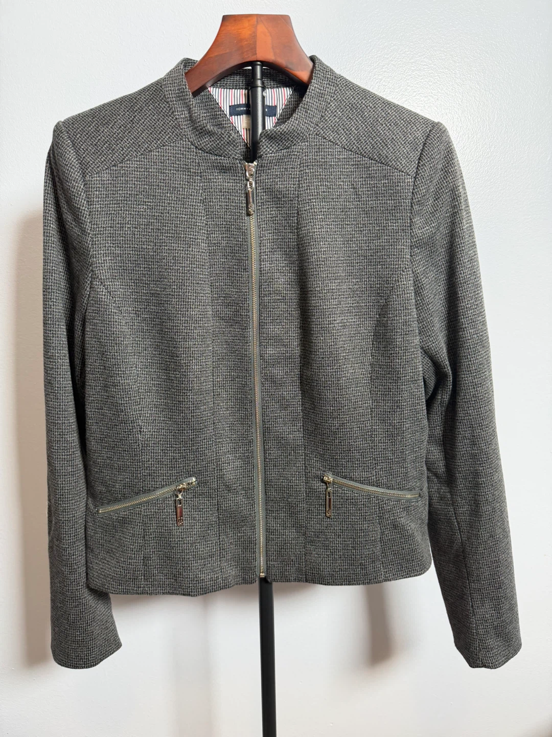 Tommy Hilfiger Women's Grey Houndstooth Bomber Jacket Size 8