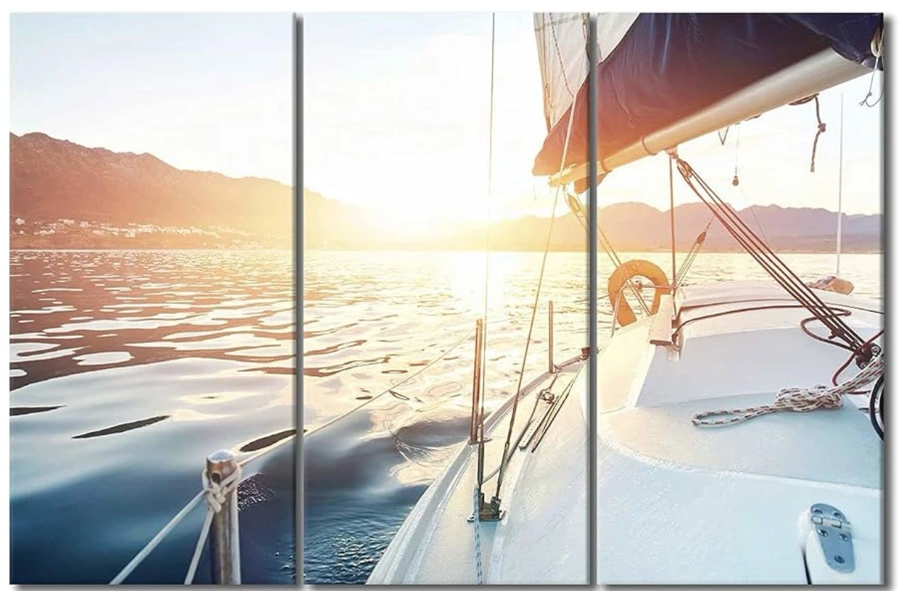 Brand New Ocean Sunset Yacht 3 Panel Canvas Wall Art, 100x150cm
