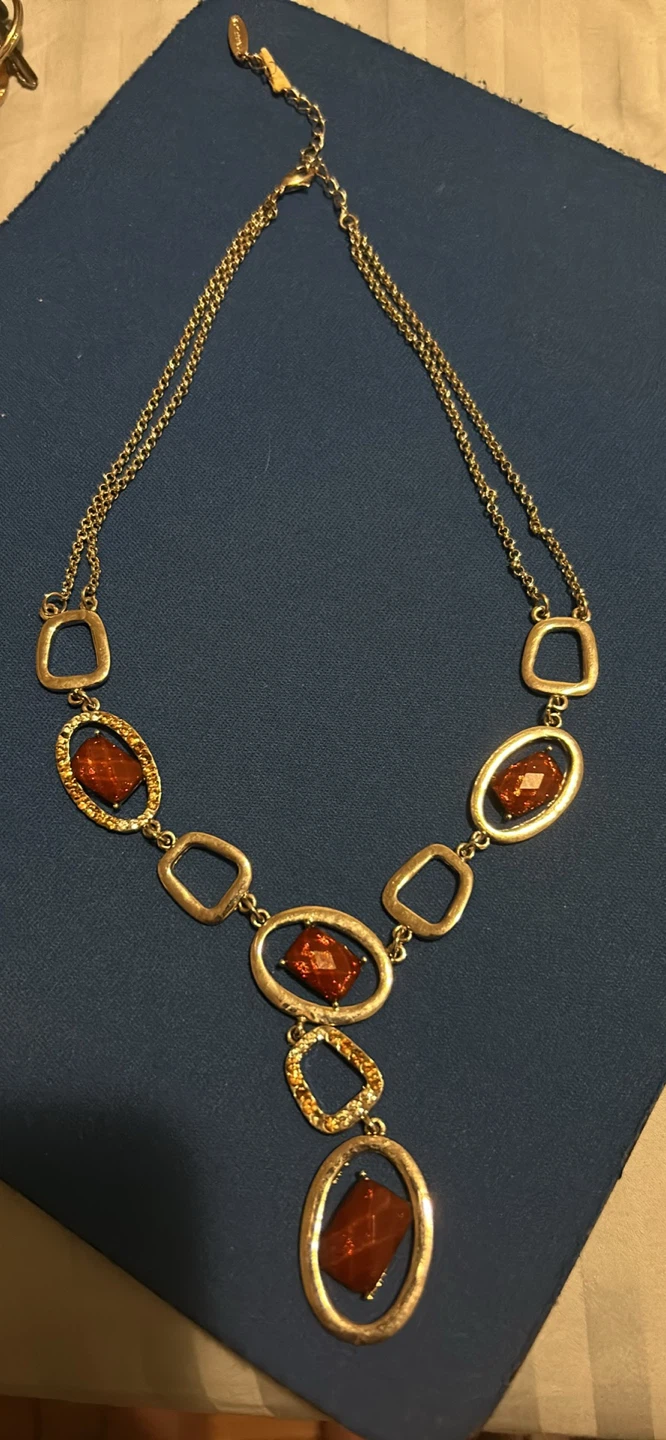 Gold-tone Statement Necklace with Amber-coloured Stones
