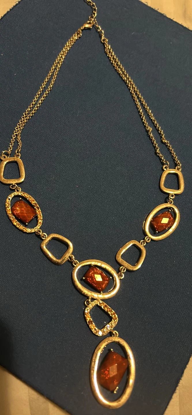 Gold-tone Statement Necklace with Amber-coloured Stones - photo 2