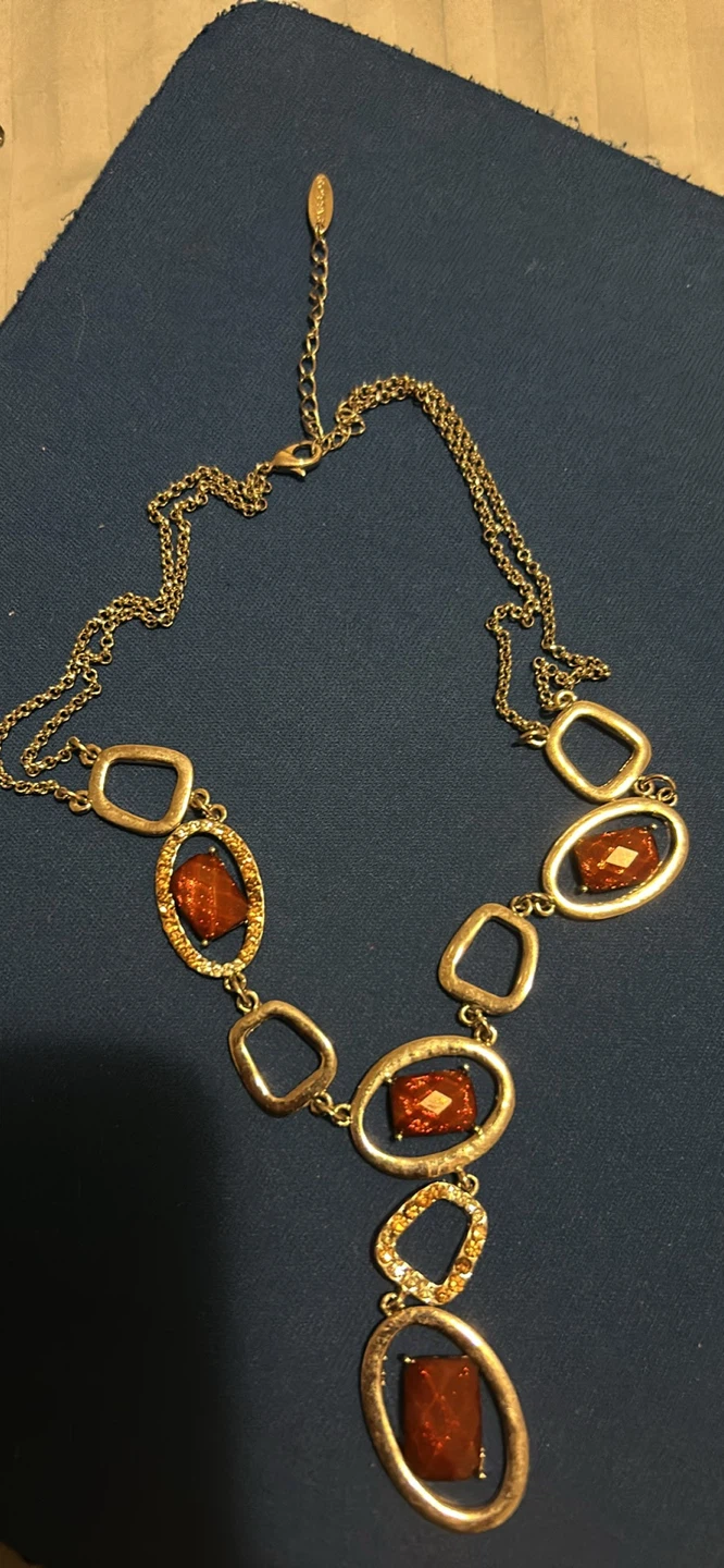 Gold-tone Statement Necklace with Amber-coloured Stones - photo 3