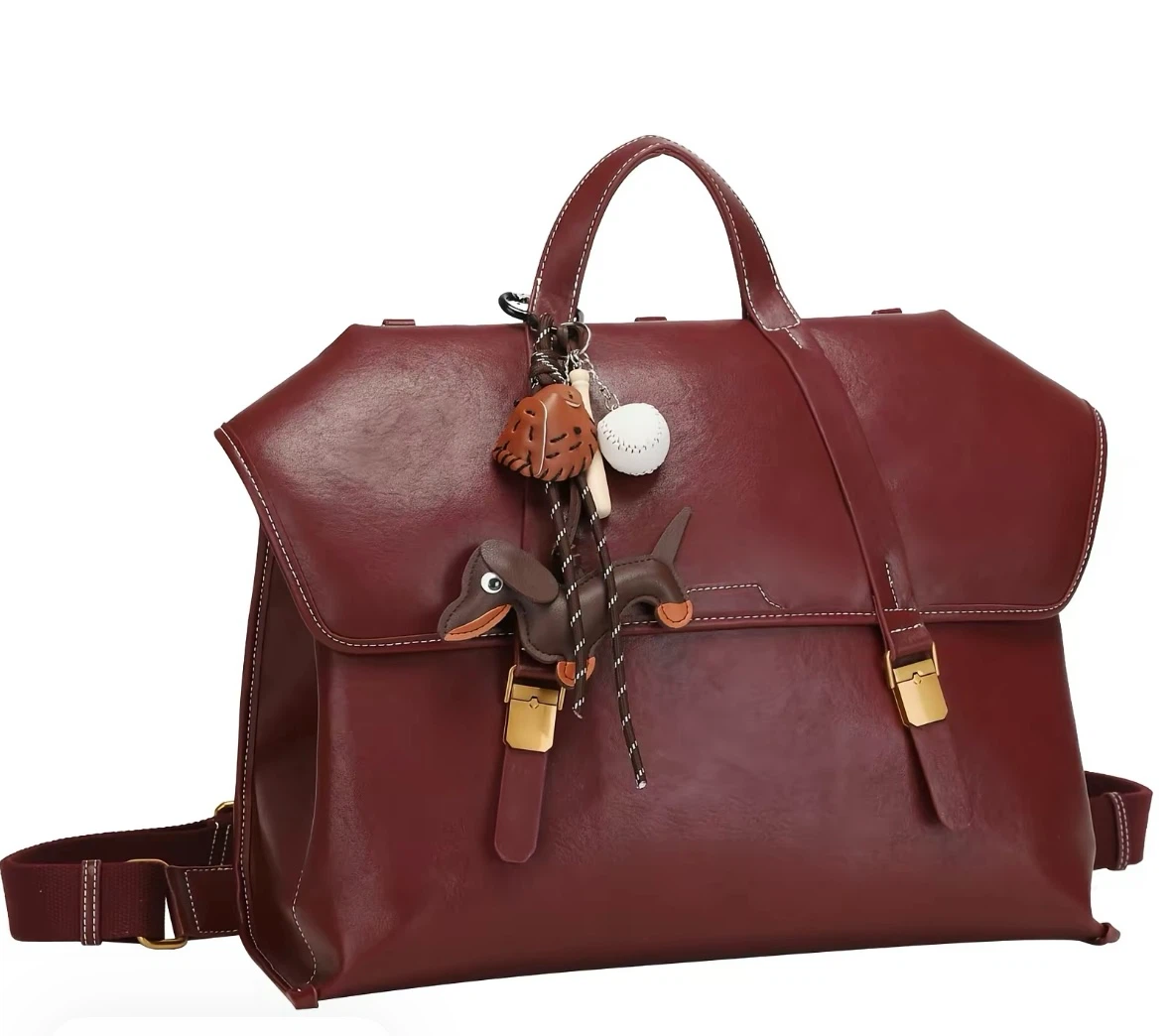 Burgundy Leather Backpack with Dachshund Charm