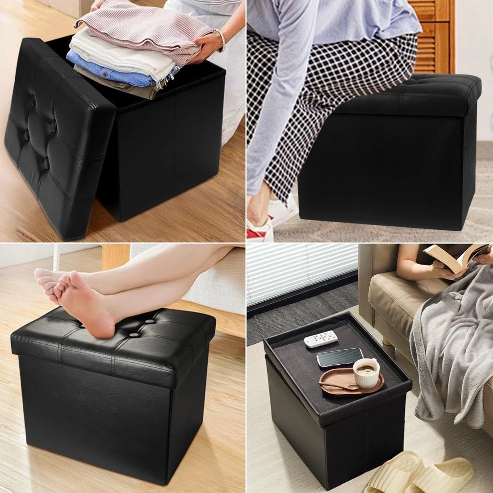 Home Storage Ottoman Black Leather - photo 4