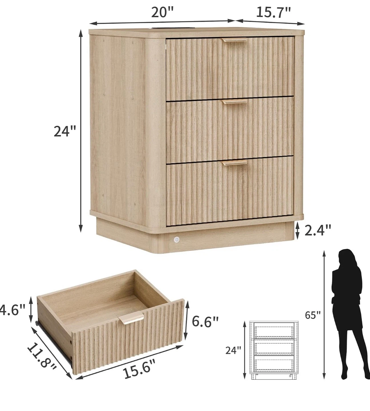 Fluted Nightstand with Charging Station - photo 3