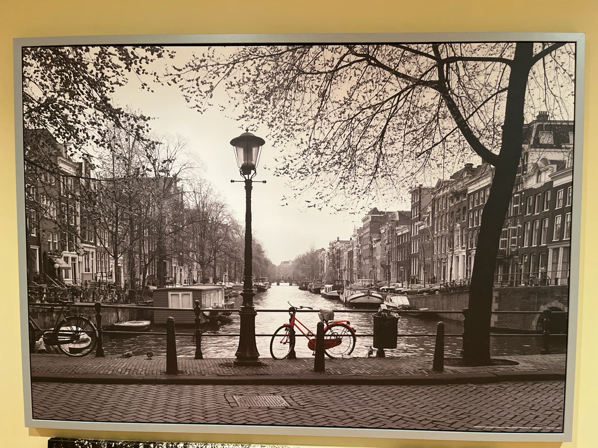 Framed Black and White Print of Amsterdam Canal Scene