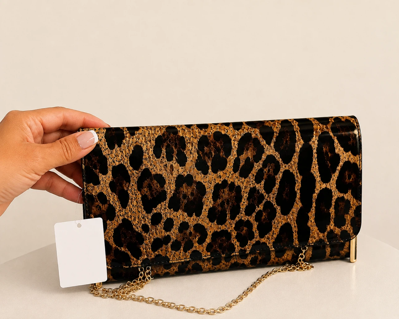 Leopard Print Clutch Purse with Gold Chain