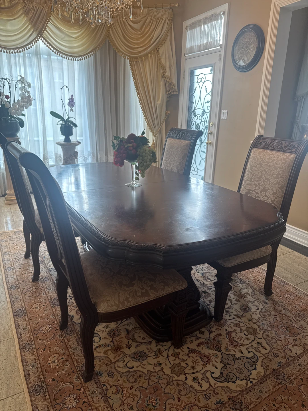Dark Wood Dining Table with 6 Upholstered Chairs