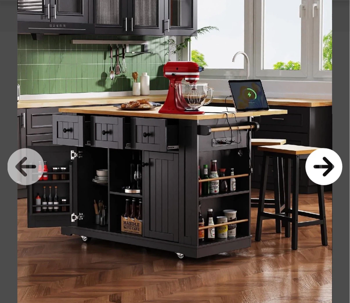 Black Kitchen Island with Butcher Block Top and Storage