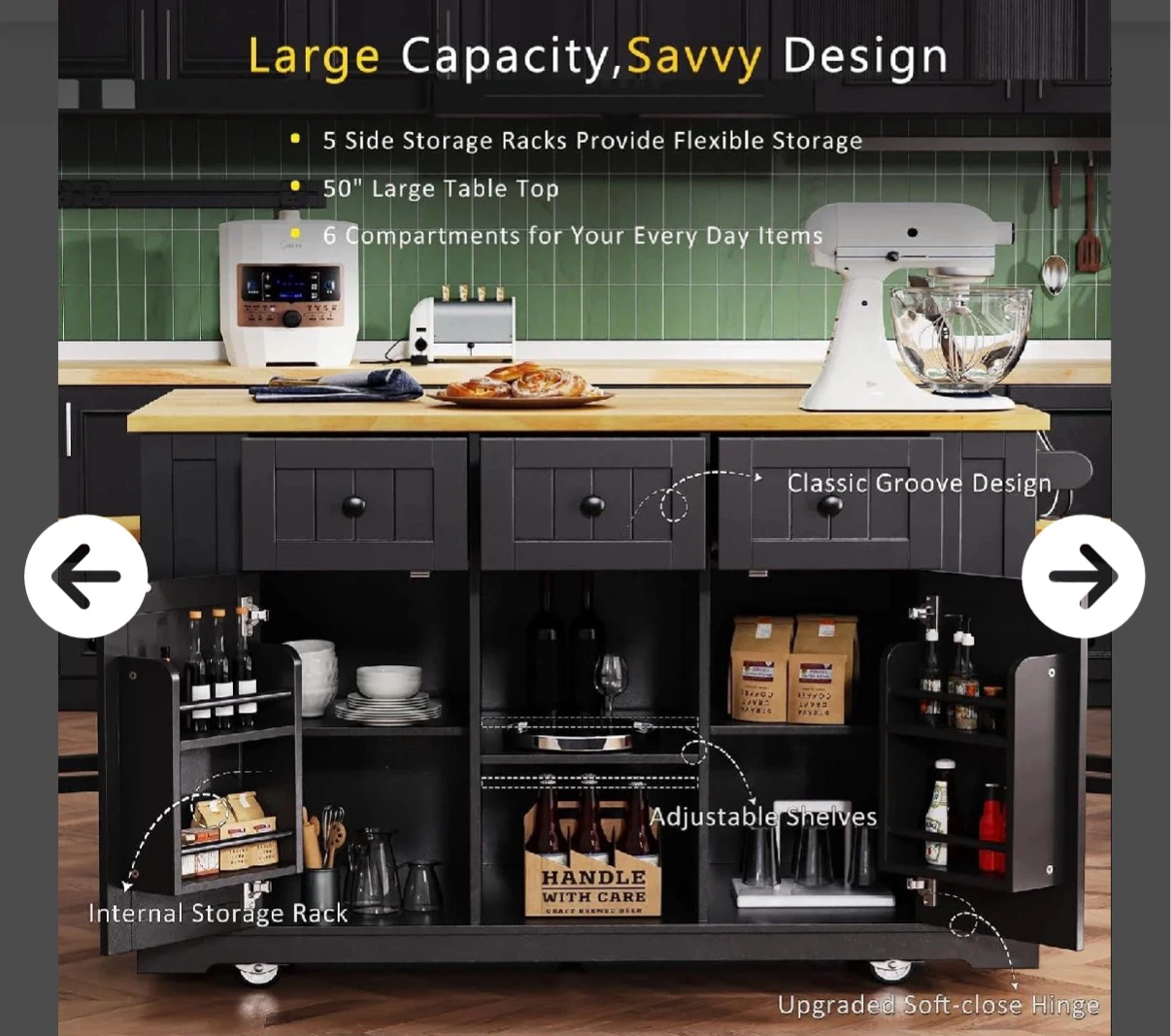 Black Kitchen Island with Butcher Block Top and Storage - photo 2