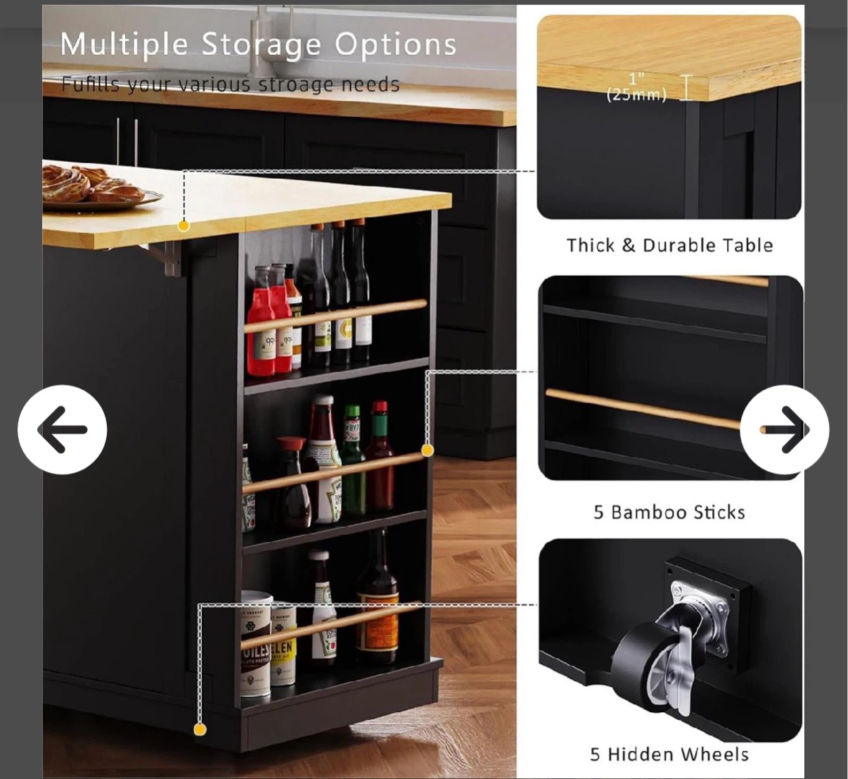 Black Kitchen Island with Butcher Block Top and Storage - photo 4