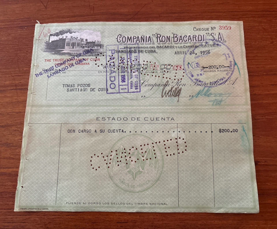 Cuba genuine Bacardi S.A. Cheque - April 24, 1956