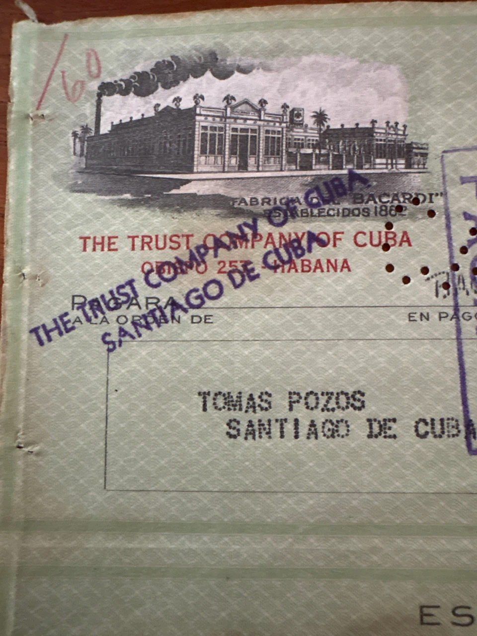 Cuba genuine Bacardi S.A. Cheque - April 24, 1956 - photo 2