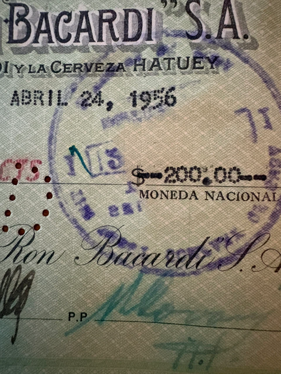 Cuba genuine Bacardi S.A. Cheque - April 24, 1956 - photo 4