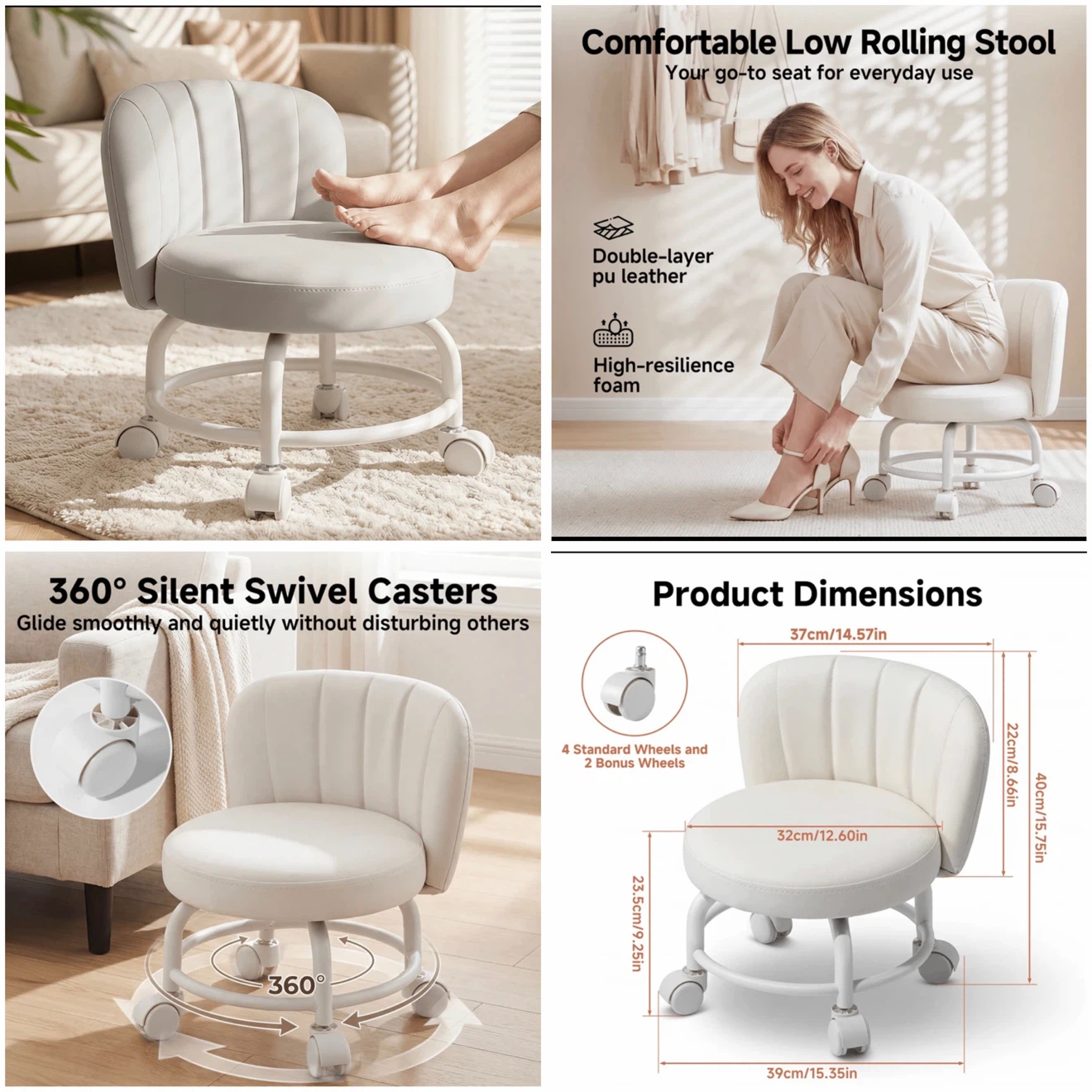 Rolling Stool with Backrest - White - photo 2