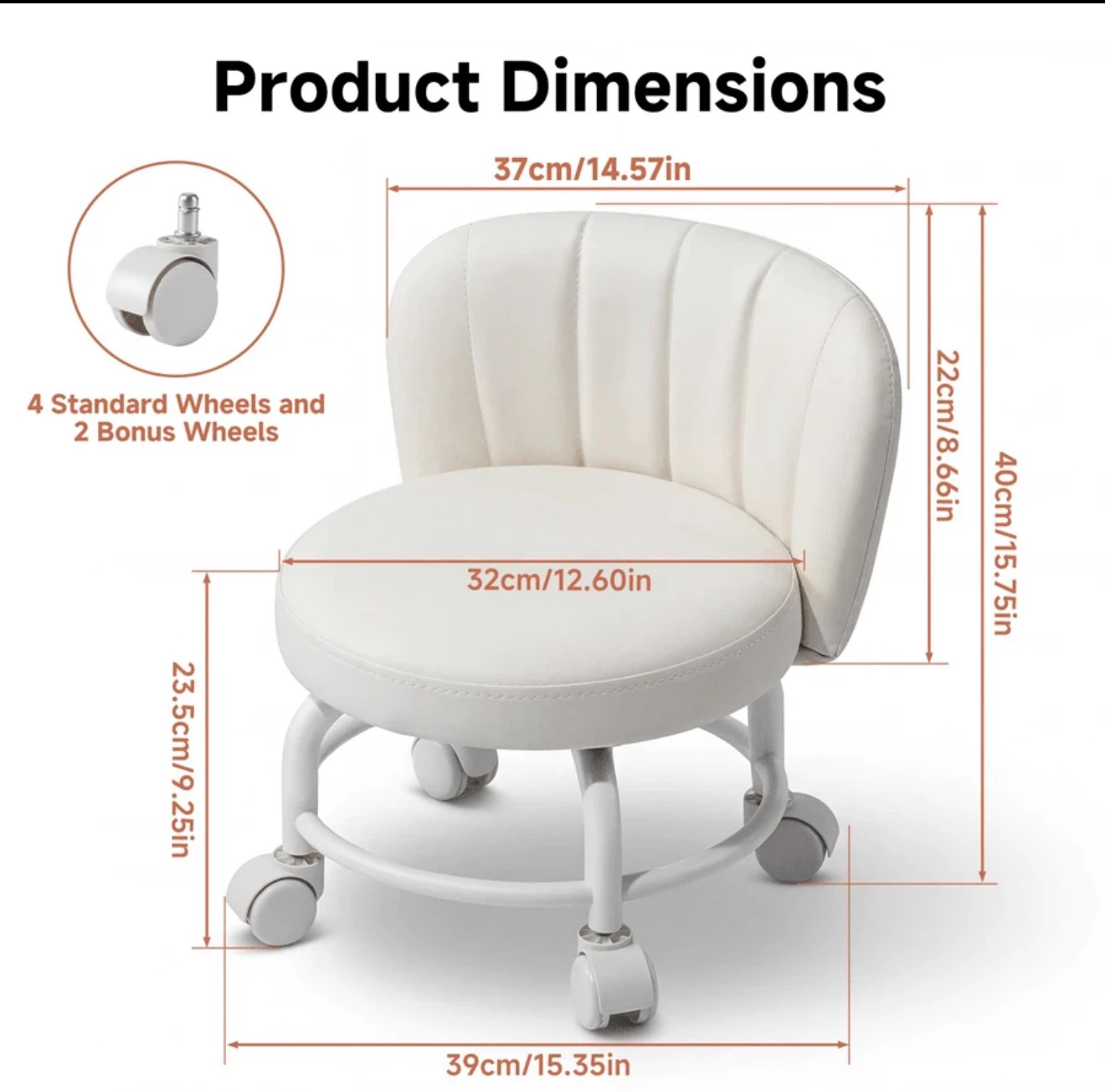 Rolling Stool with Backrest - White - photo 3