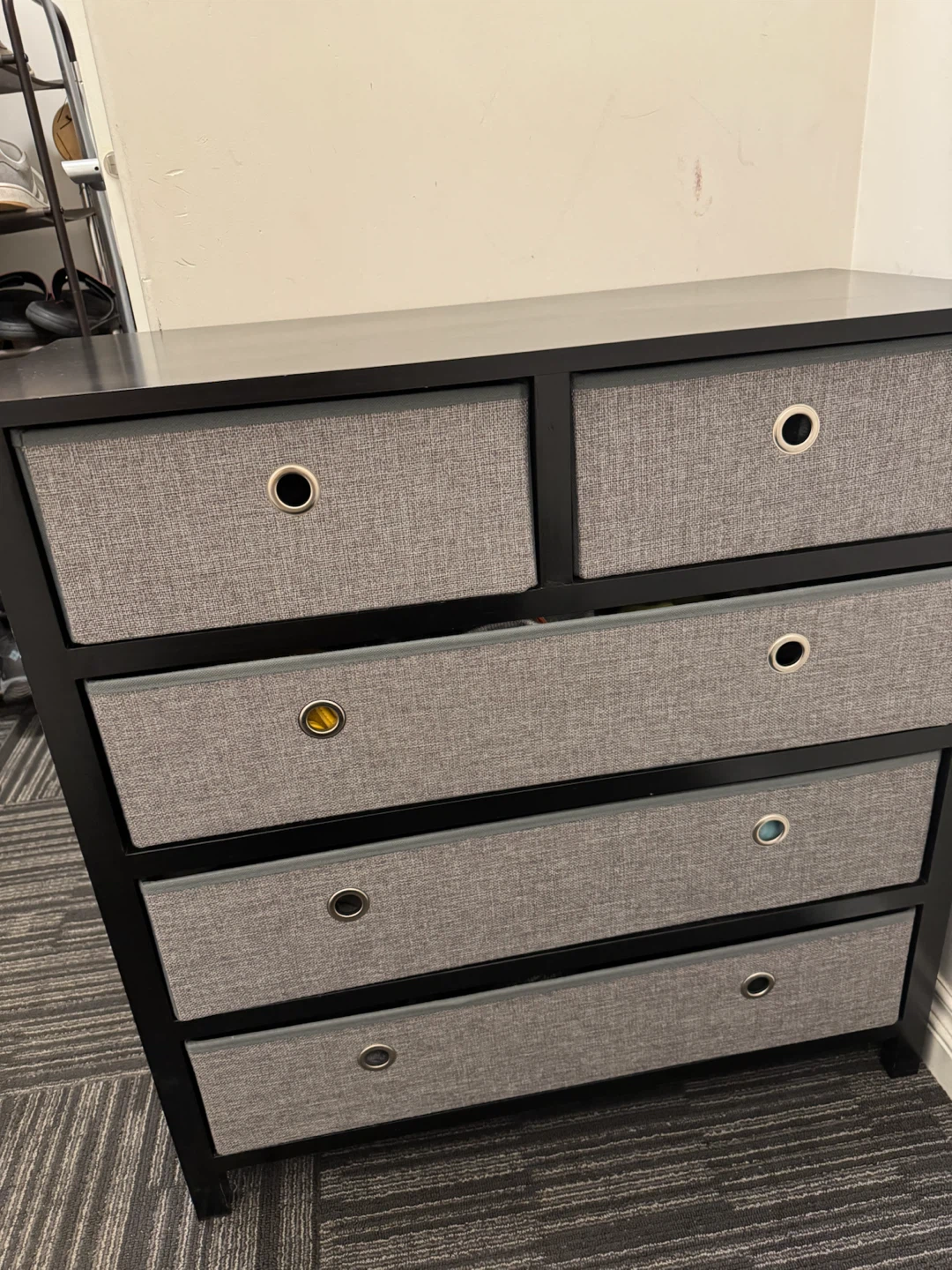 Black 5 Drawer Storage Dresser with Grey Fabric Bins