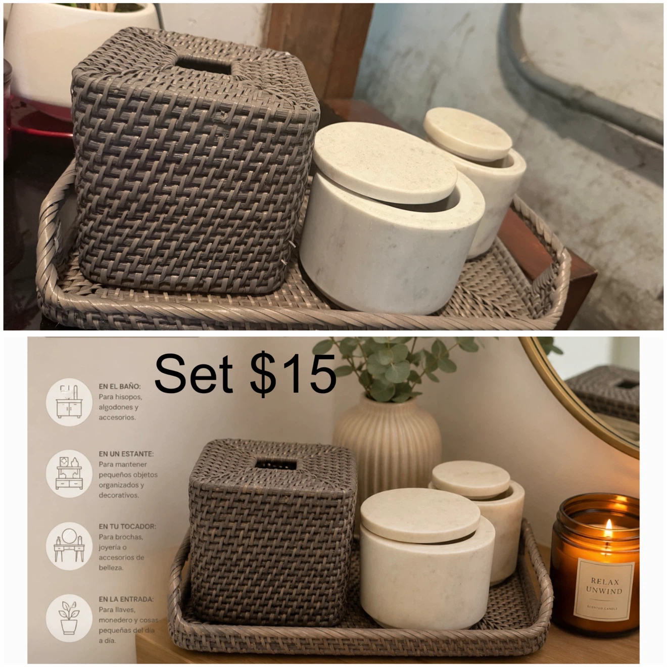 Woven Basket Tissue Box Cover and Decorative Jars Set