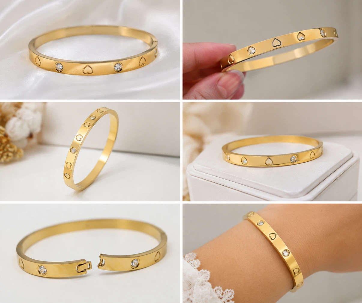 Gold-tone Bangle with Heart & Clover Design