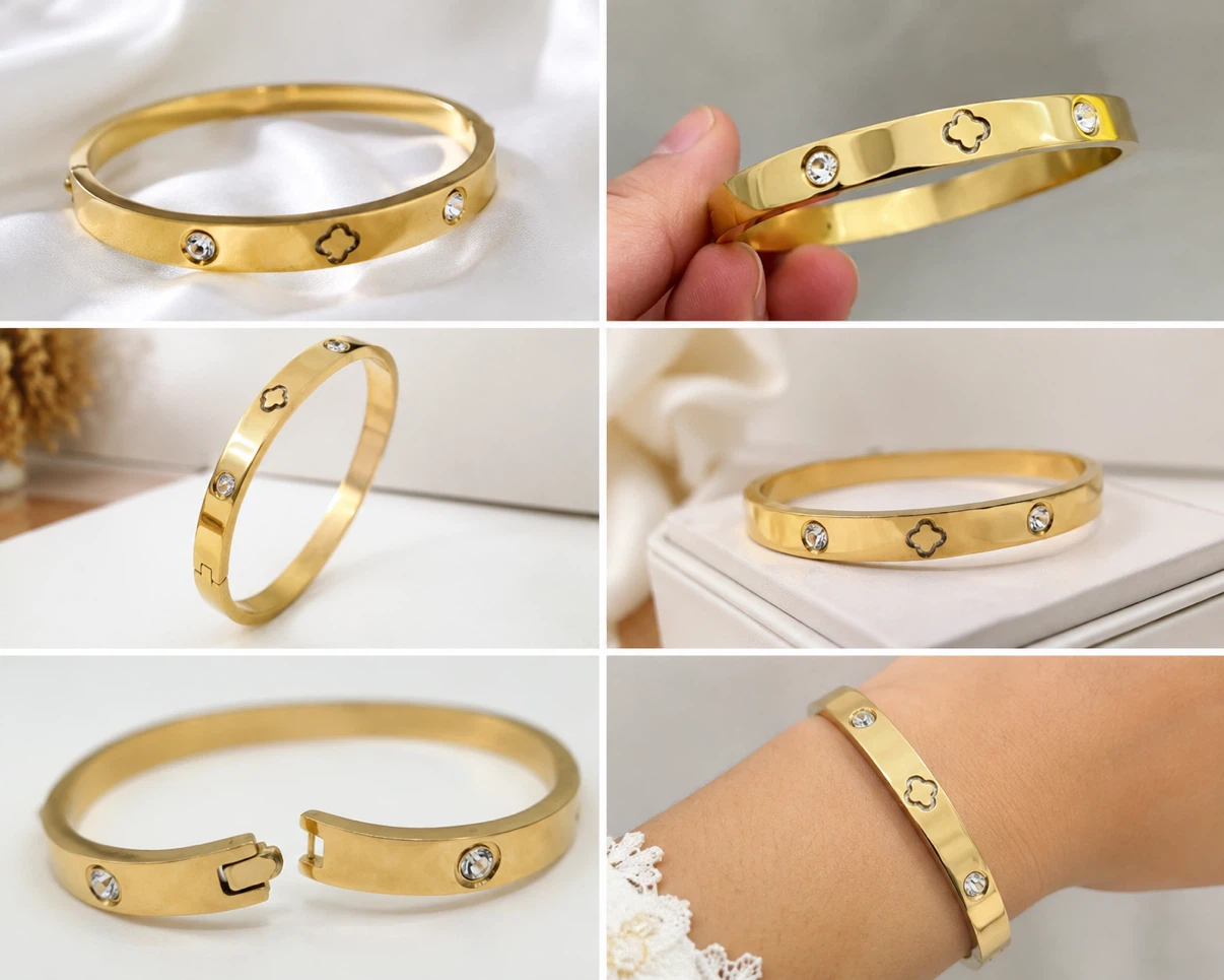 Gold-tone Bangle with Heart & Clover Design - photo 2