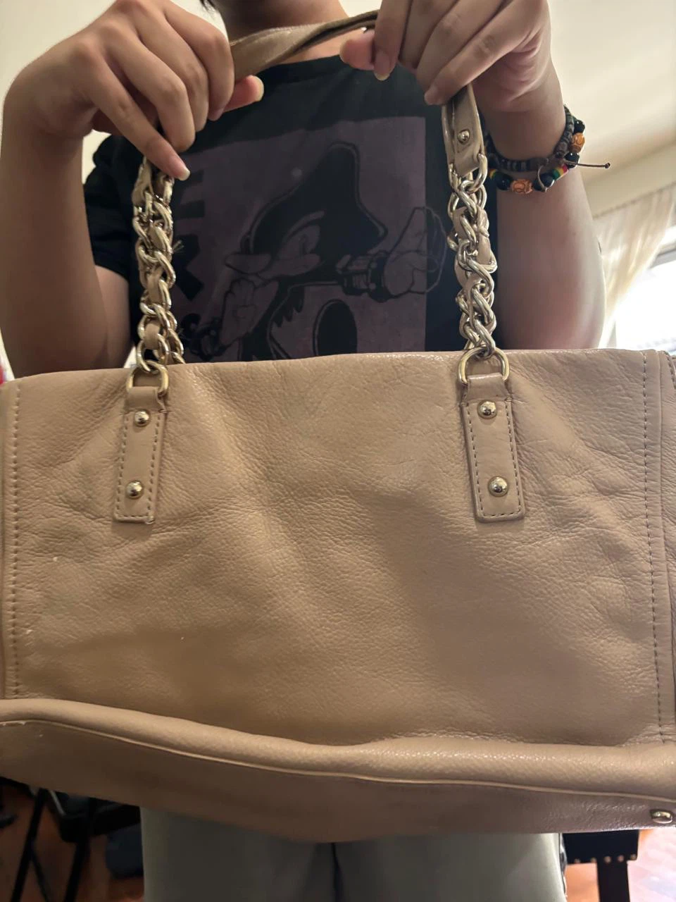 Beige Leather Tote Bag with Chain Straps