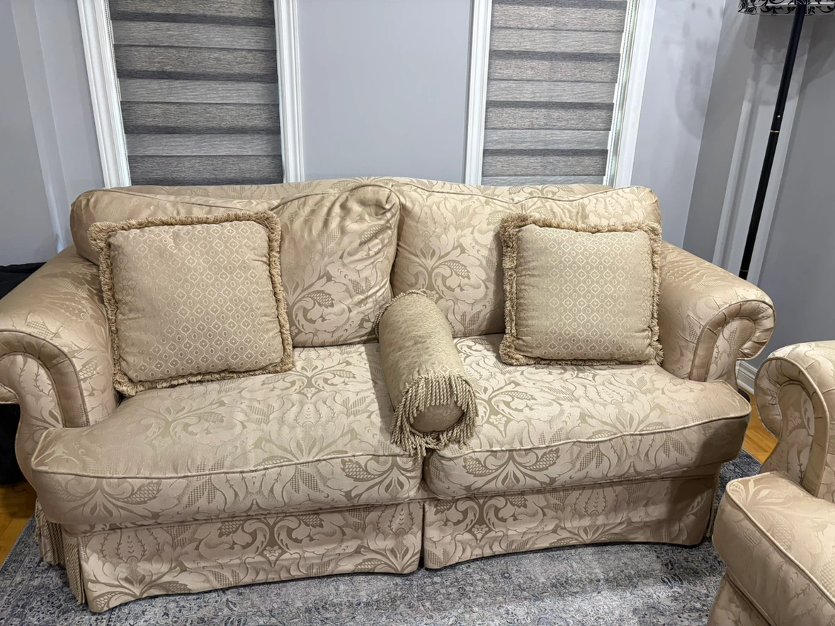 Beige Brocade Loveseat and Armchair Set