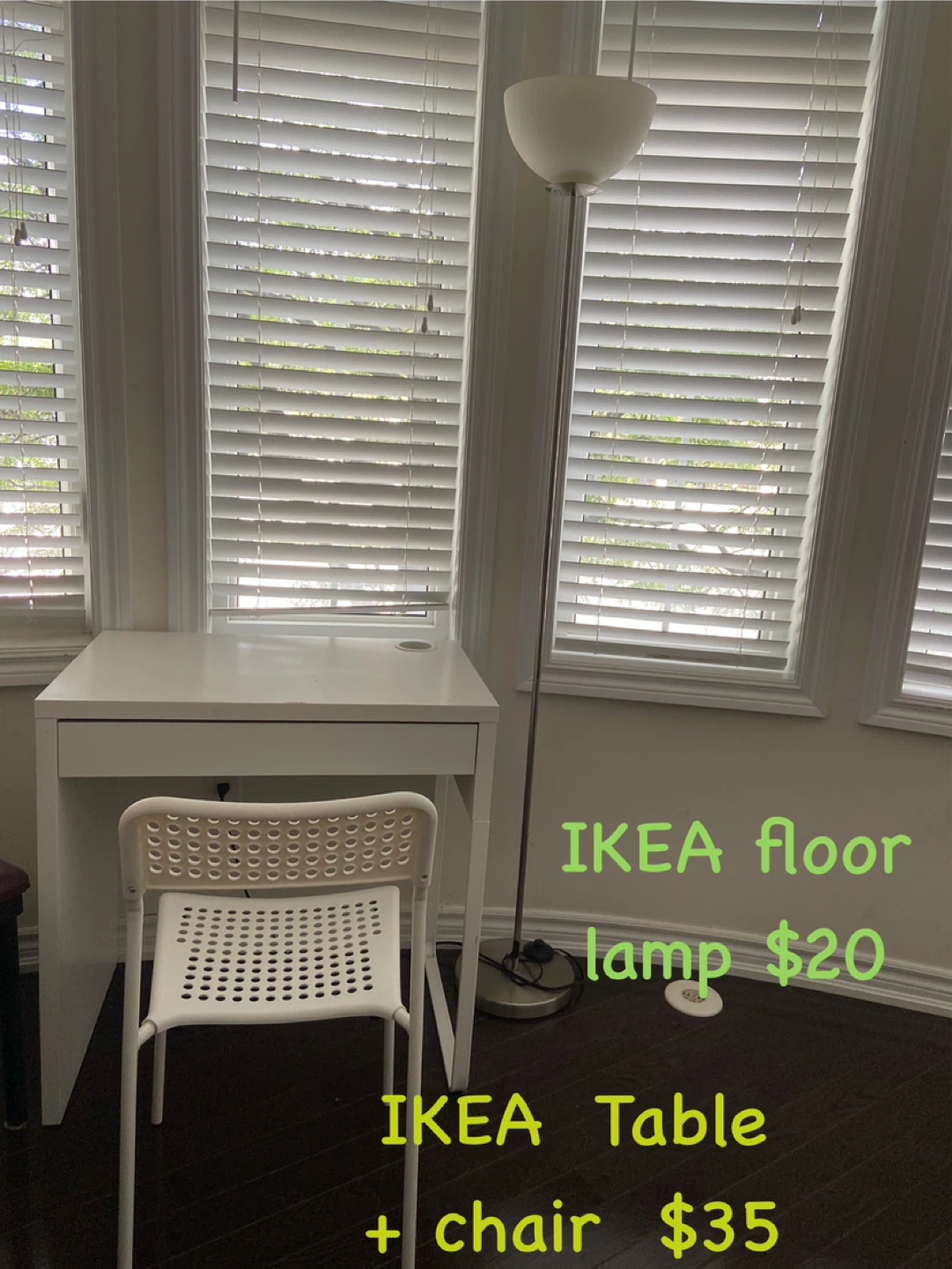 IKEA White Desk and Chair Set + Floor Lamp