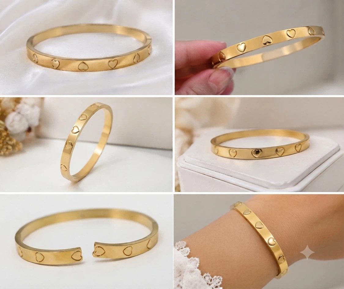 Gold-tone Bangle with Heart & Clover Design - photo 3