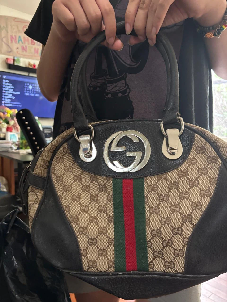 Gucci Monogram Canvas & Leather Satchel Bag