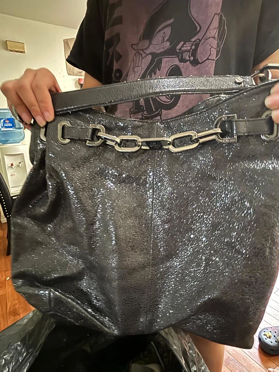 Black textured Tory Burch shoulder bag with silver hardware