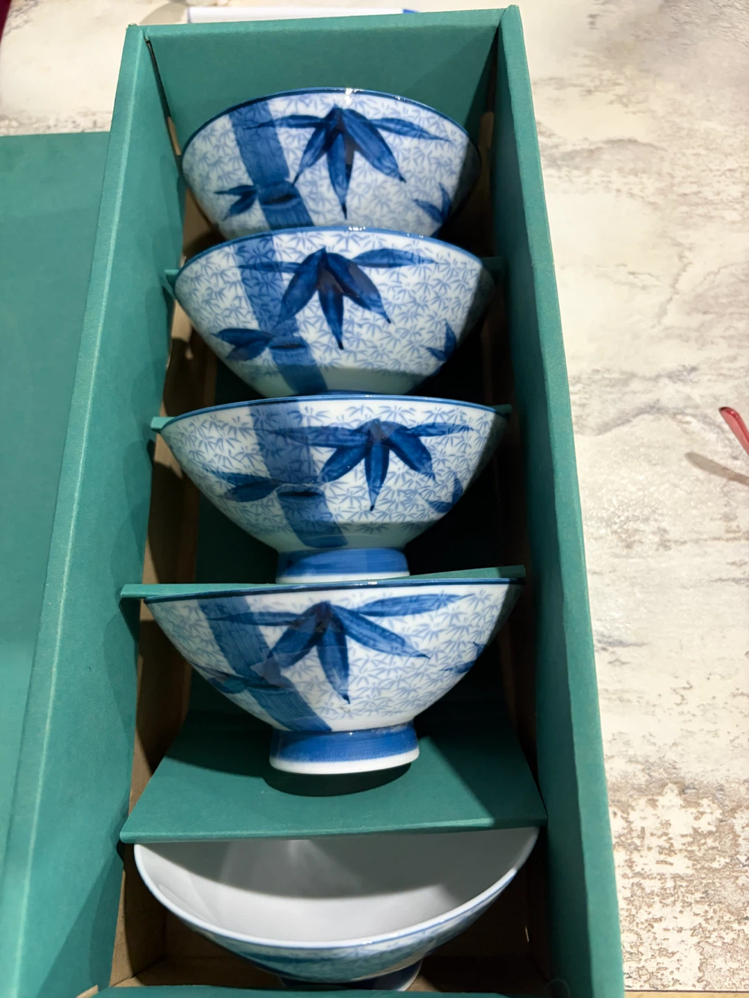 Set of 4 Blue & White Bamboo Ceramic Bowls