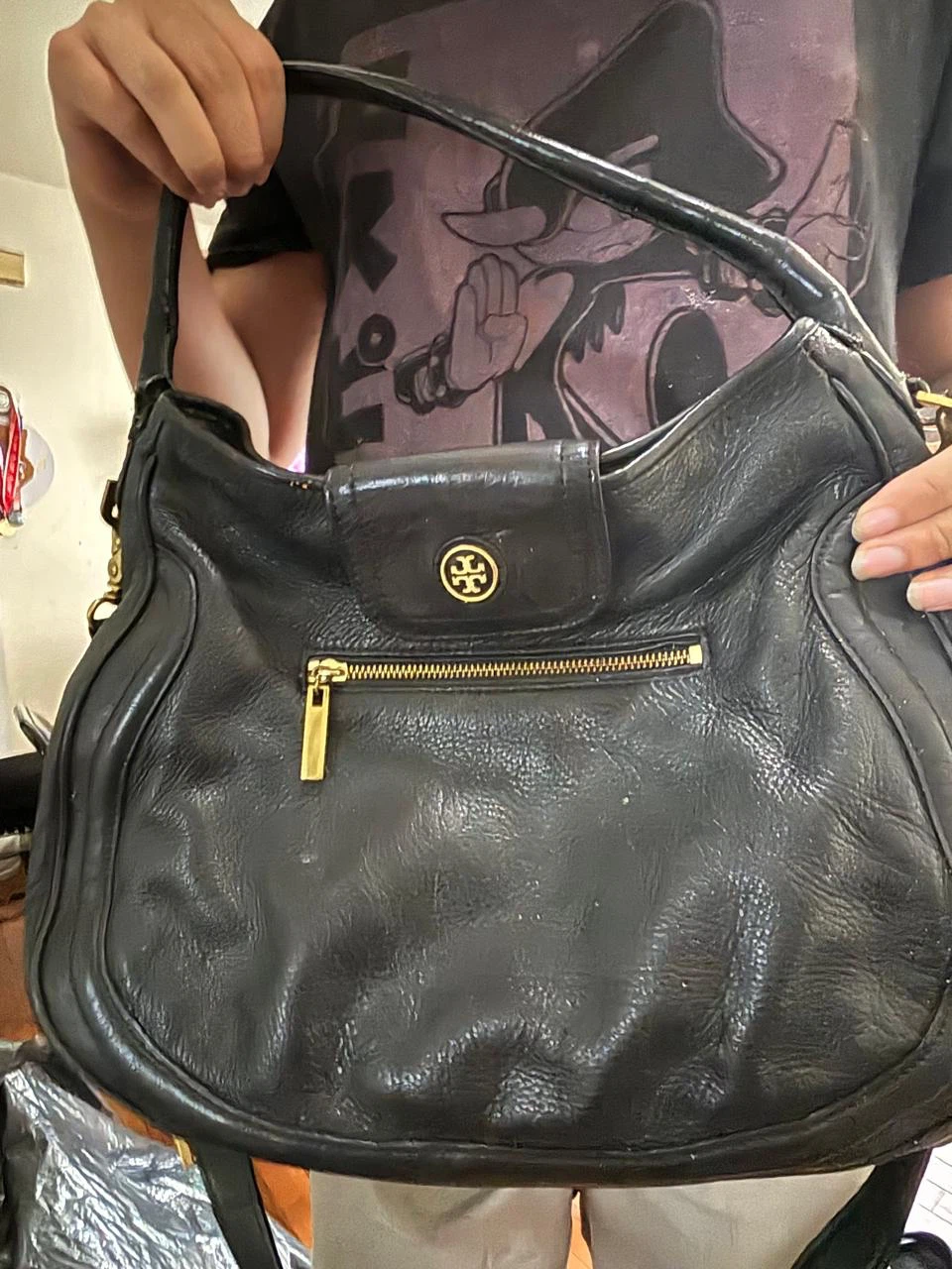 Tory Burch Black Leather Hobo Shoulder Bag