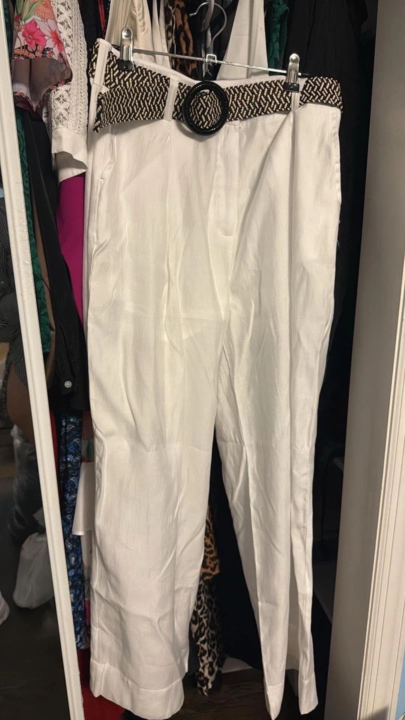 White Linen Pants with Decorative Belt