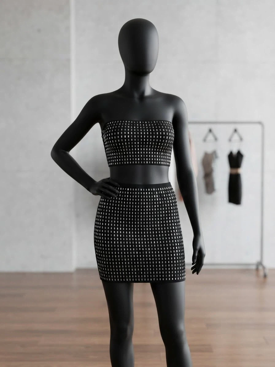 Black Two-Piece Skirt and Tube Top Set with Rhinestones