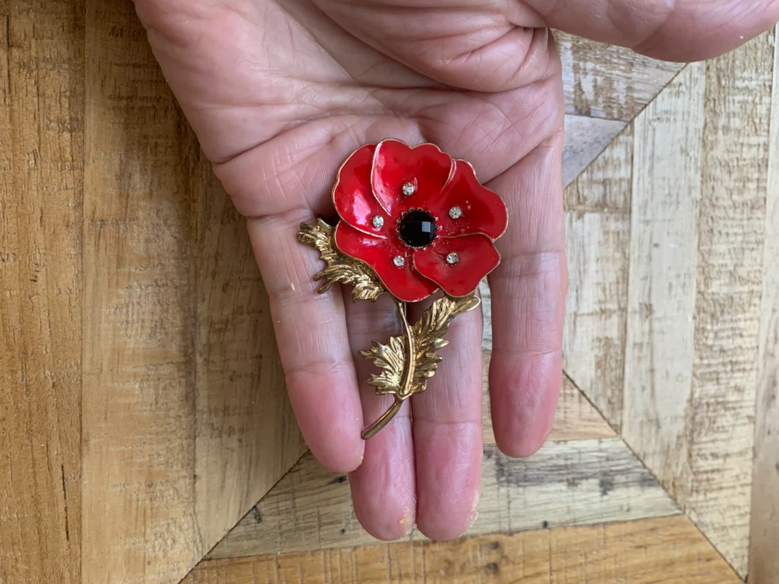 Red Poppy Brooch with Rhinestones