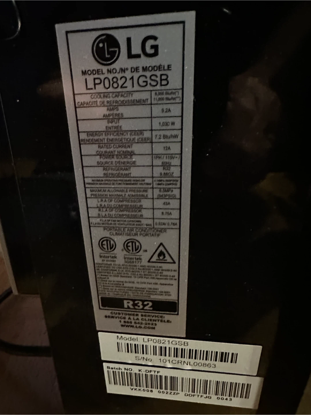 LG Portable Air Conditioner LP0821GSB - photo 2