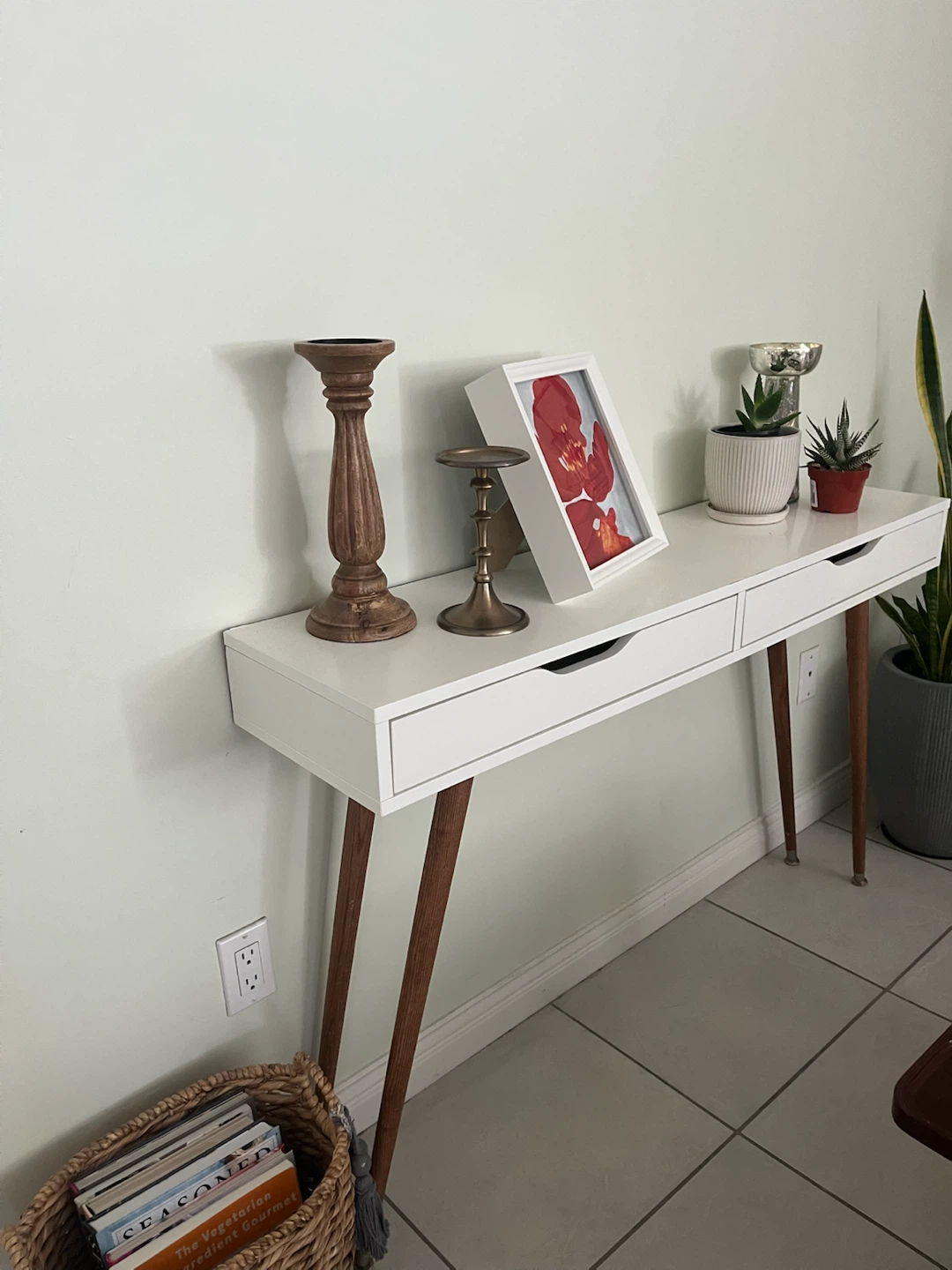 White Console Table with Mid-Century Style Legs