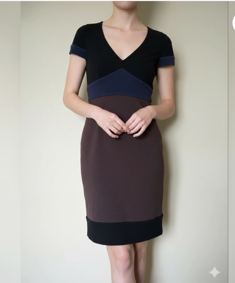 Brown and Blue Colour Block V-Neck Dress