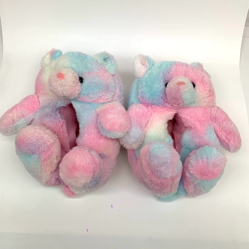 Kids Fuzzy Bear Slippers Tie Dye Cozy Animal House Shoes
