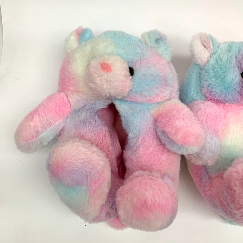 Kids Fuzzy Bear Slippers Tie Dye Cozy Animal House Shoes - photo 2
