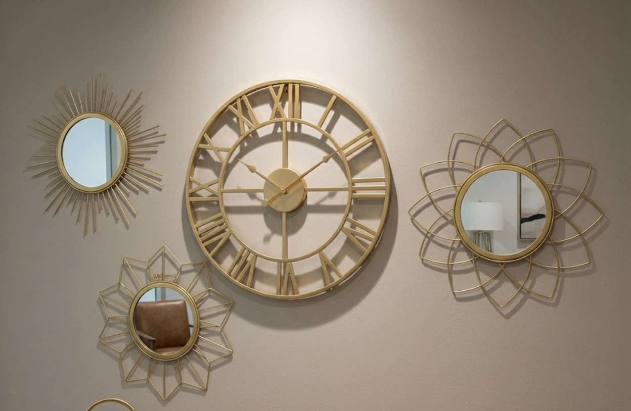 Gold Metal Wall Clock and Mirror Set