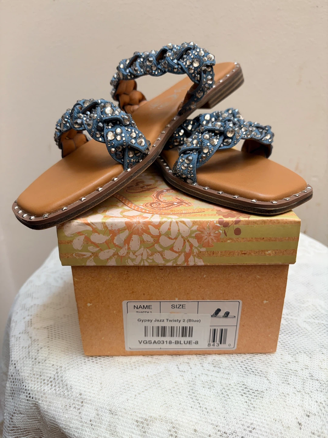 Very Gypsy Jazz Twisty 2 Blue Embellished Slide Sandals Size 8 - photo 2