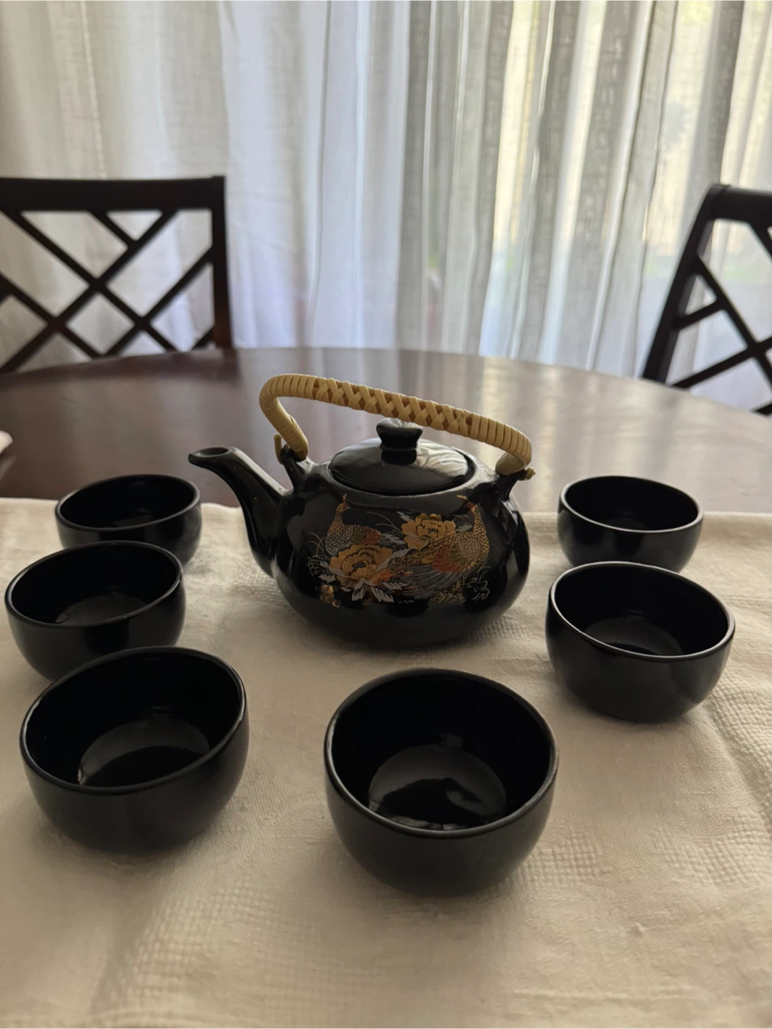 Black Teapot and Cups Set with Dragon Design