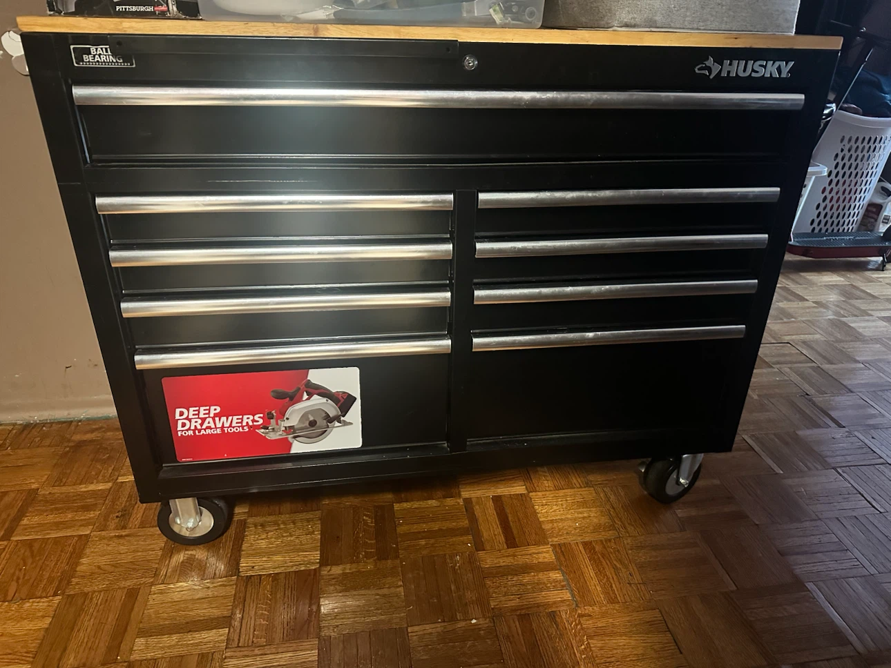 Husky 46 inch Black Mobile Workbench with Wood Top